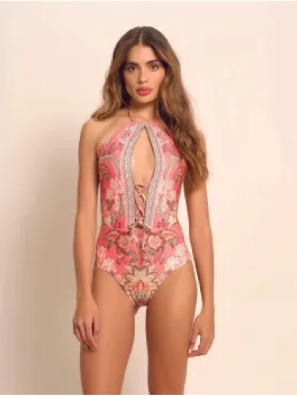 Pink Paisley Halter Lace-Up One-Piece Swimsuit